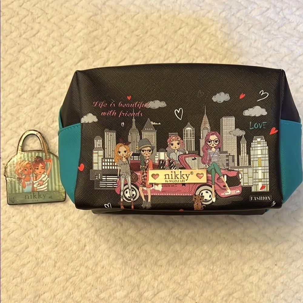 Nikky Bags by Nicole Lee Black and Teal Polka Dot Cosmetic Bag